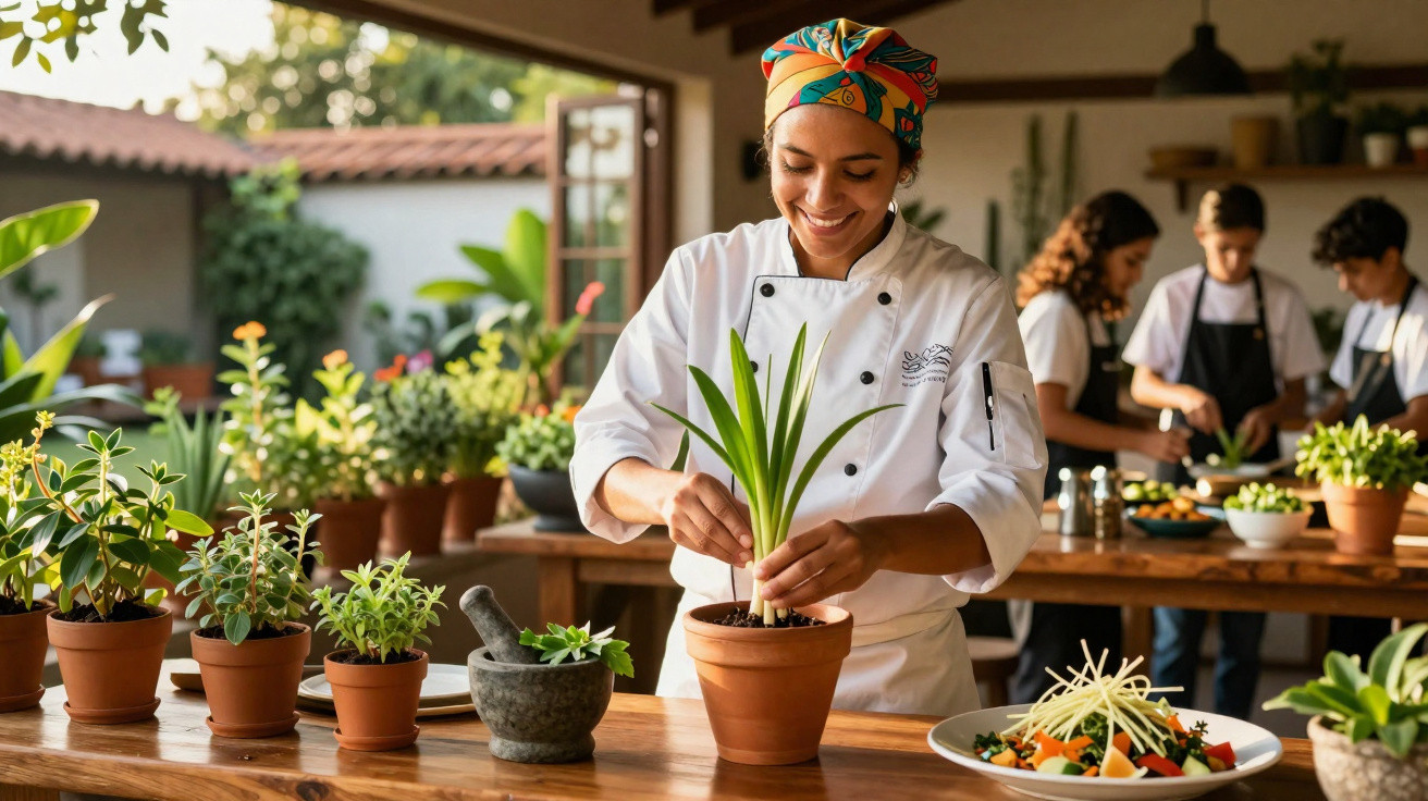 Chef com traje profissional planta ervas em vaso numa cozinha com outras pessoas ao fundo.