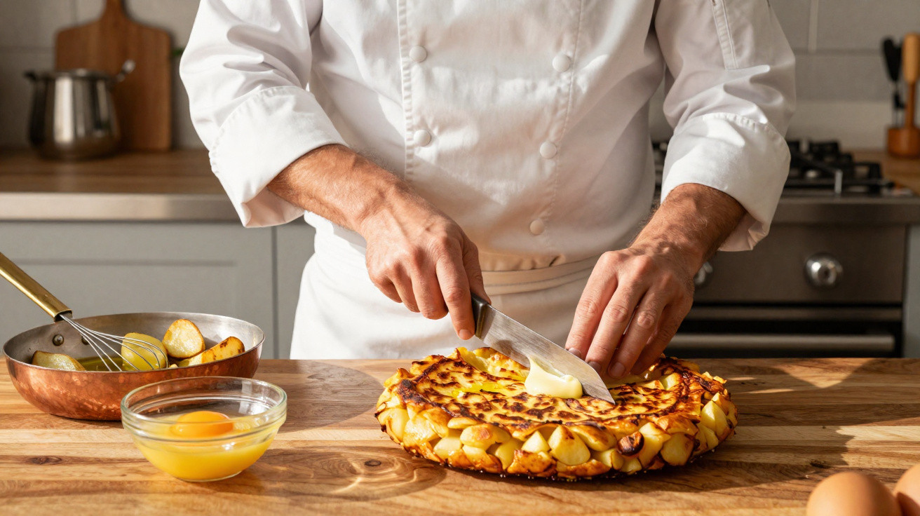 Chef em bata branca a cortar tarte de maçã sobre bancada de madeira numa cozinha moderna.