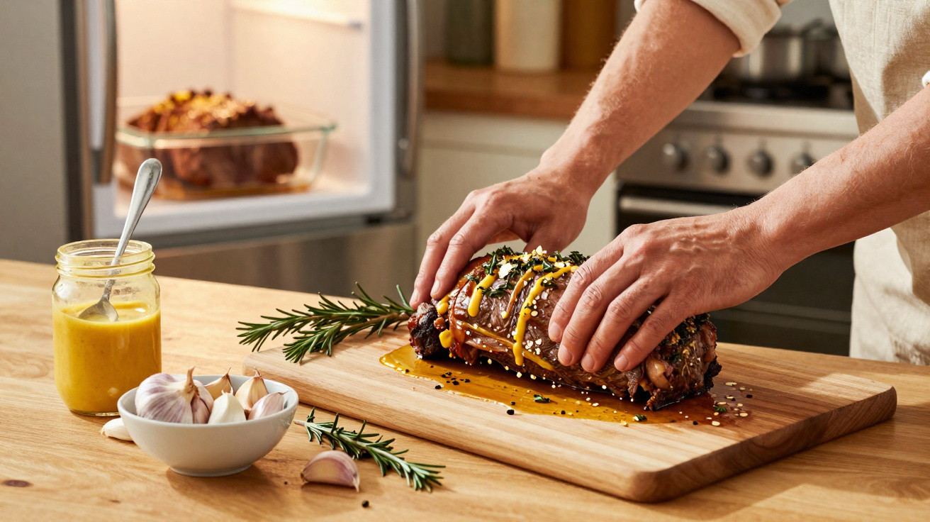 Pessoa a temperar um rolo de carne com ervas, mostarda e especiarias numa tábua de madeira na cozinha.
