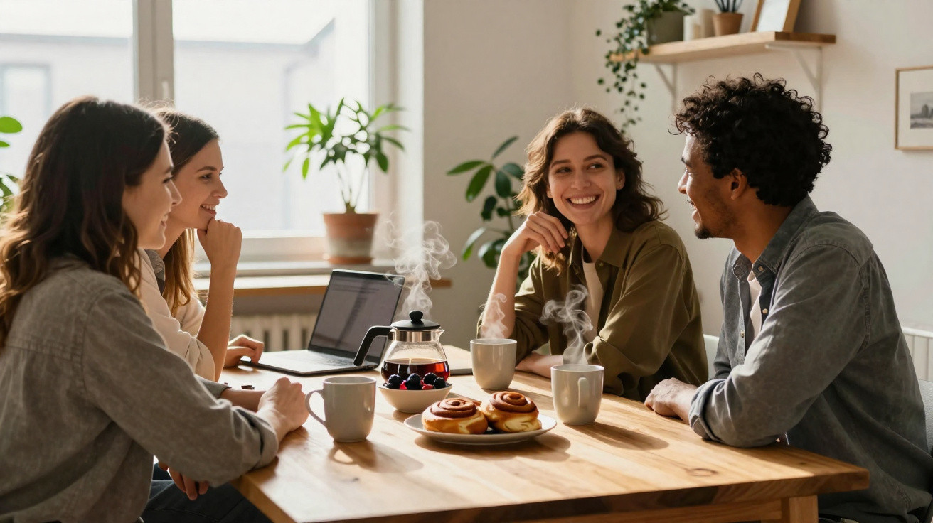 Quatro pessoas sentadas à mesa a conversar, com chá quente e doces num ambiente acolhedor.