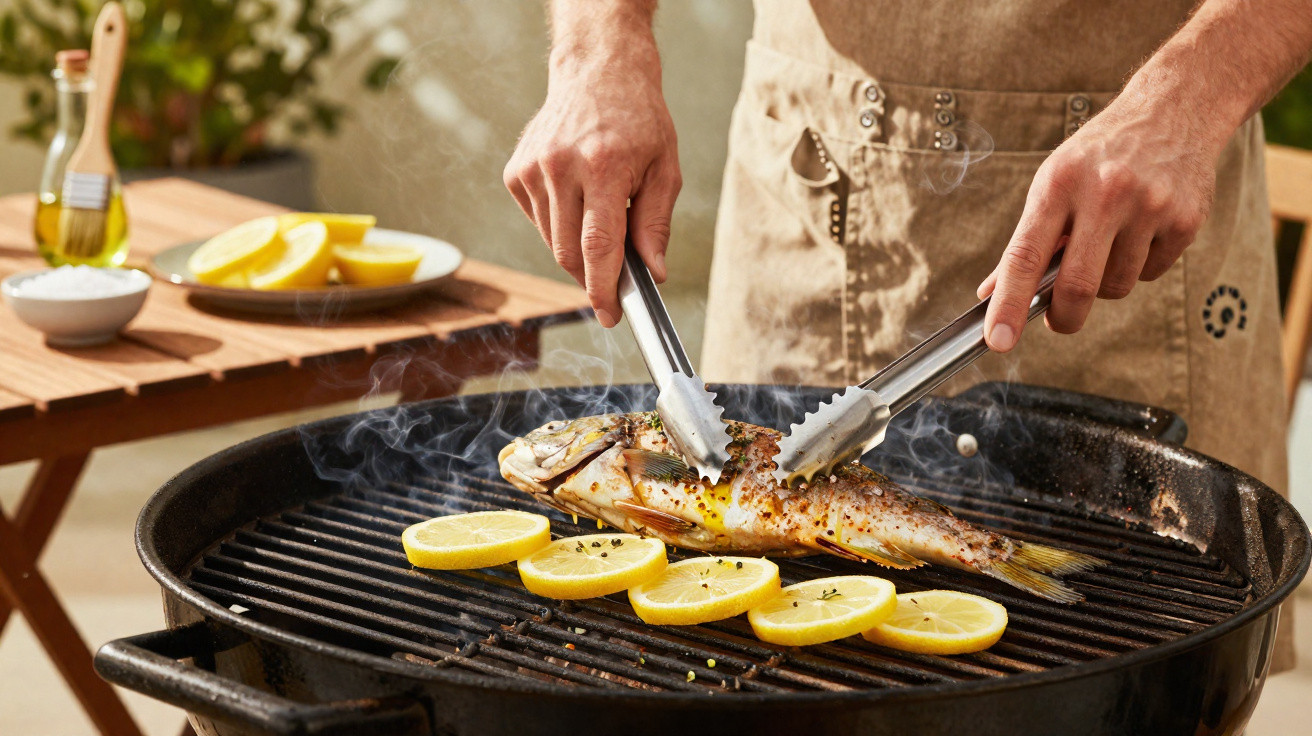 Pessoa grelhando peixe inteiro com fatias de limão numa churrasqueira exterior.