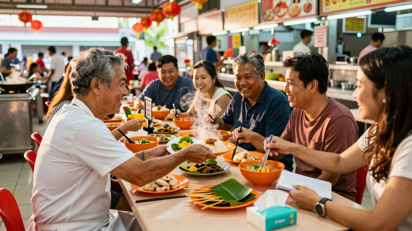 Grupo de pessoas asiáticas a partilhar uma refeição num restaurante típico com comida fumegante.