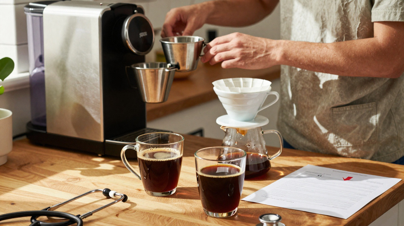 Pessoa a preparar café numa cafeteira, com dois copos e papéis sobre a mesa de madeira.