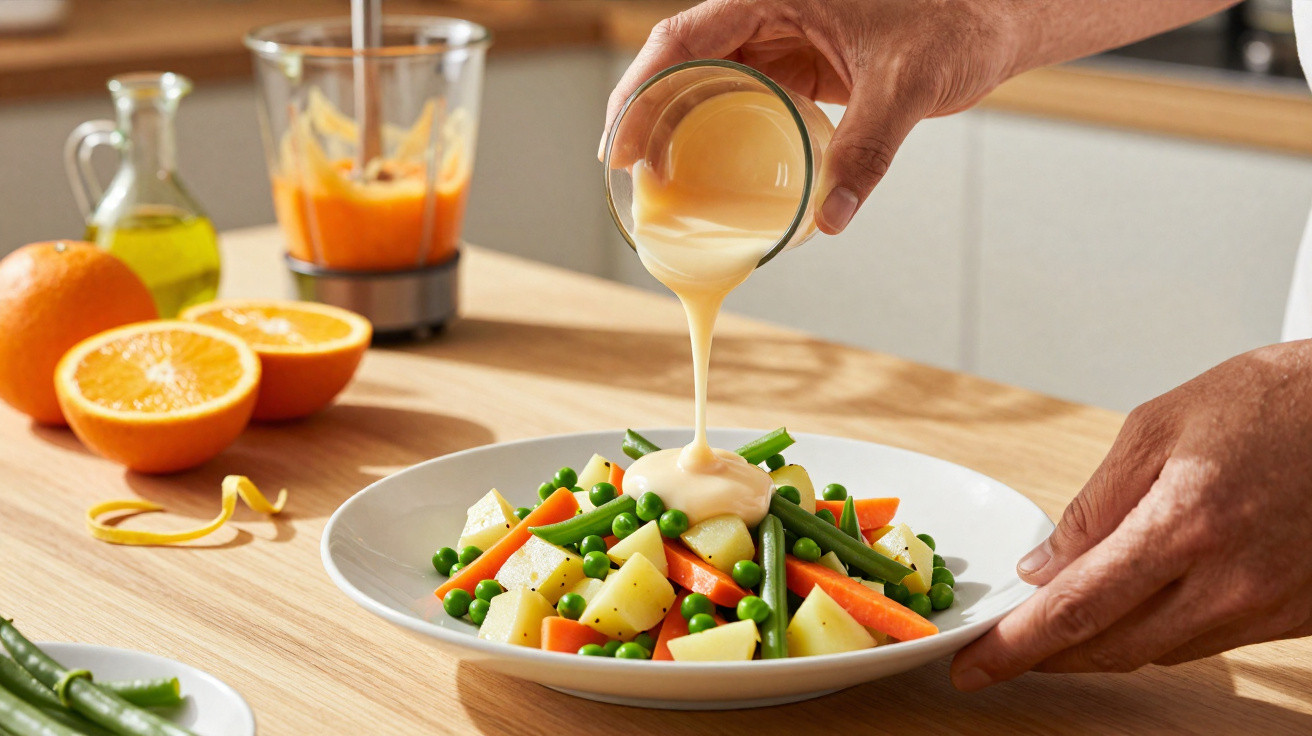 Mãos a verter molho cremoso sobre prato com legumes cozidos: feijão verde, ervilhas, cenoura e batata.