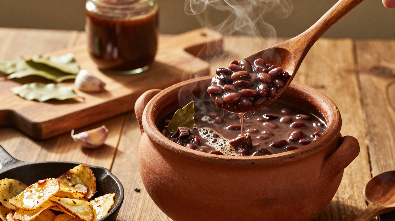 Sopa fumegante de feijão preto numa panela de barro com colher de madeira a servir, acompanhada de chips e especiarias.