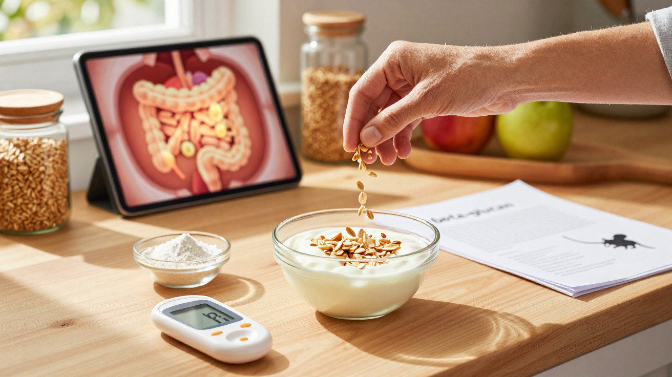 Pessoa a adicionar sementes num prato de iogurte, com açúcar, monitor de glicose e imagem do sistema digestivo ao fundo.