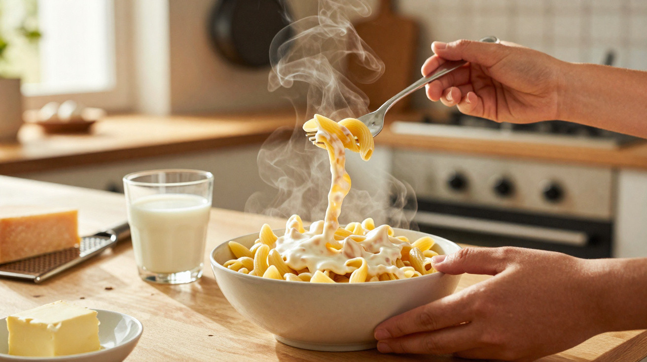 Pessoa a servir massa com molho cremoso num prato branco numa cozinha iluminada.