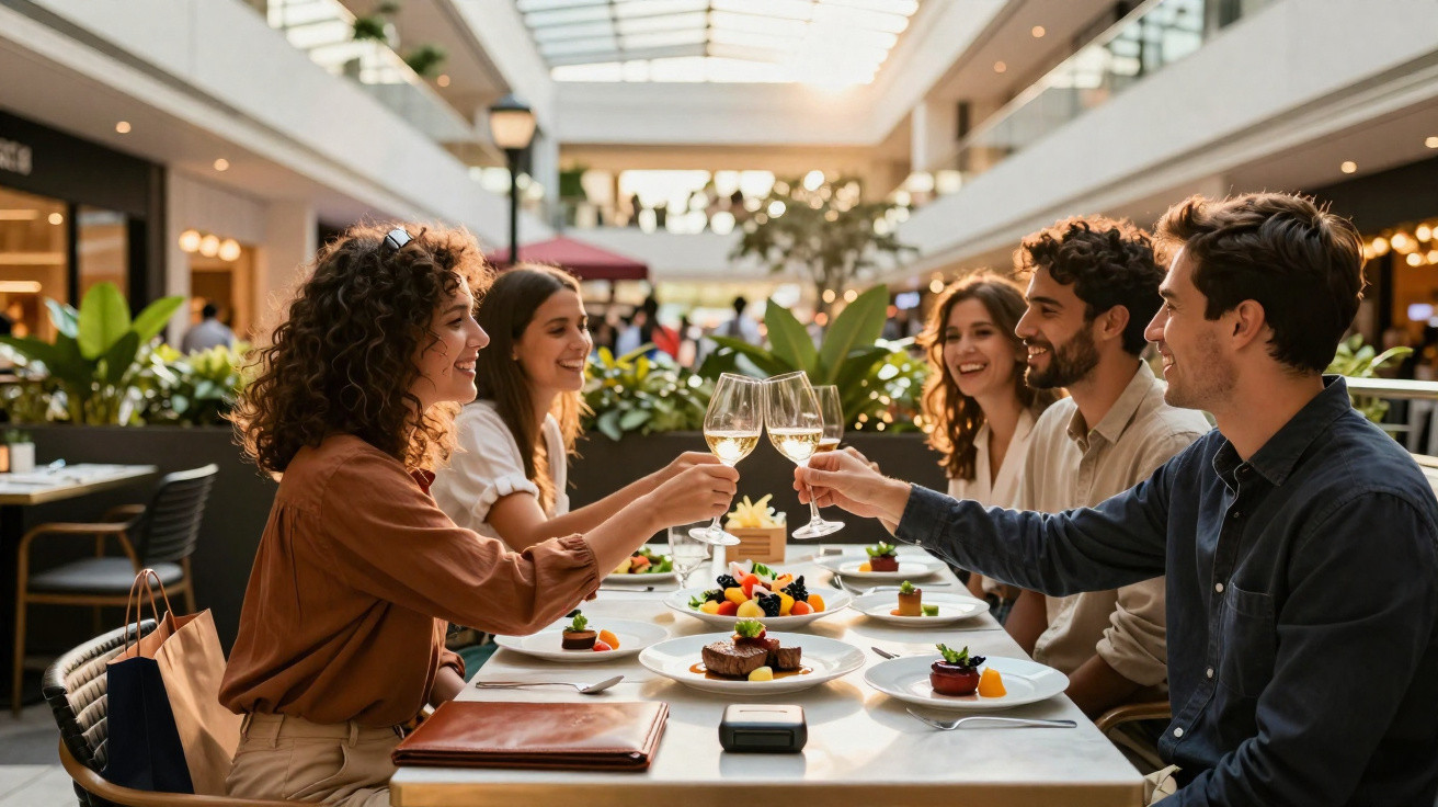 Grupo de jovens a brindar com copos de vinho branco numa refeição num restaurante moderno.