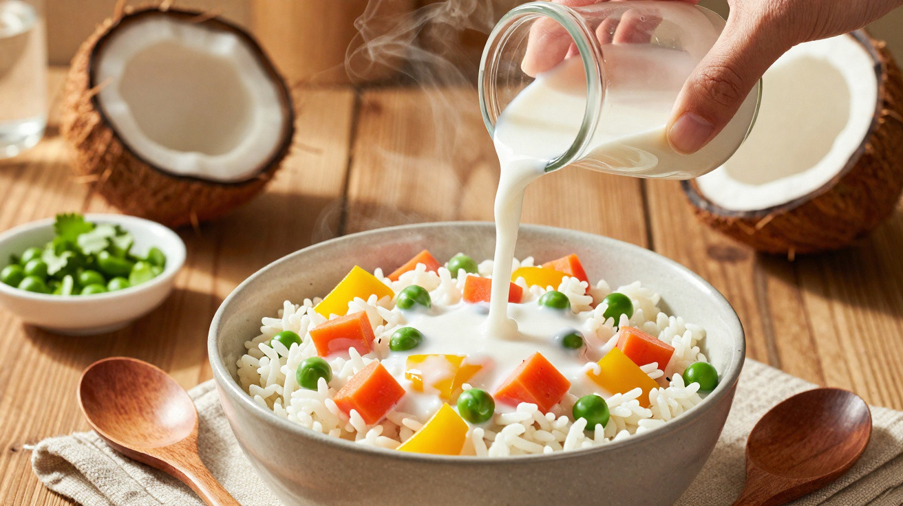 Pessoa a deitar leite de coco em prato com arroz, ervilhas, cenoura e pimento sobre mesa de madeira.