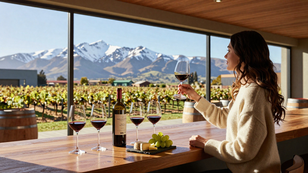 Mulher a provar vinho tinto numa adega com vista para vinhas e montanhas cobertas de neve.