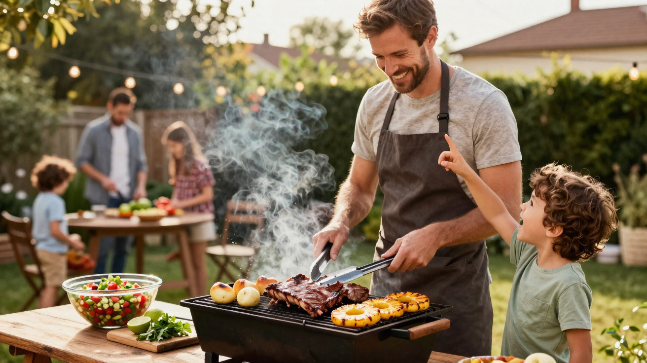 Homem a fazer churrasco com criança num jardim, com outras duas crianças e adultos ao fundo.