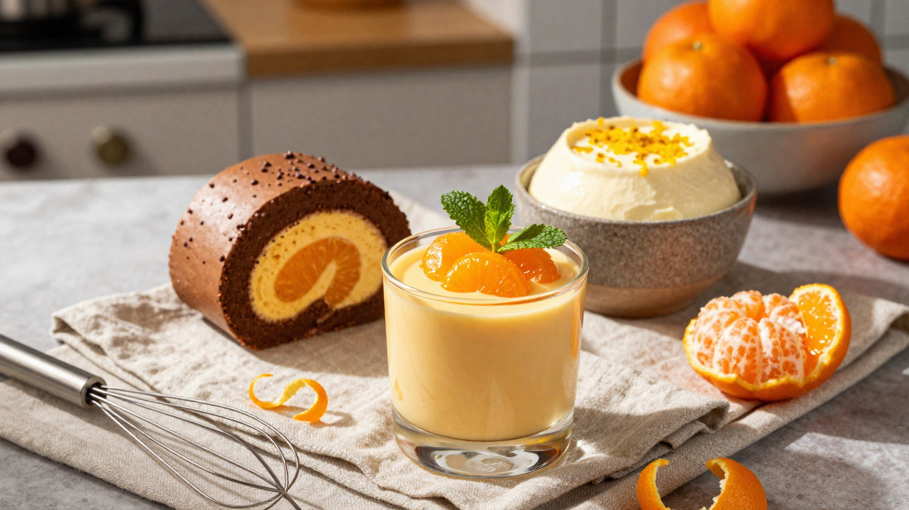 Gelado de clementina com rolo de chocolate, creme e clementinas frescas numa cozinha luminosa.