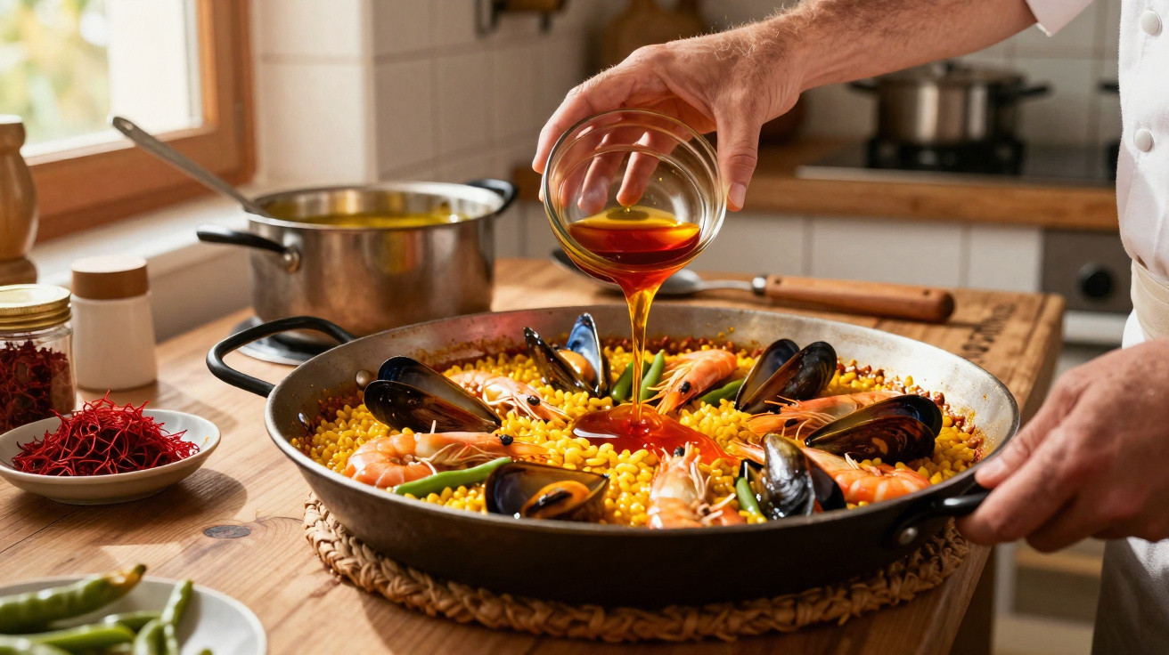 Mãos a verter azeite numa paella de marisco com camarões, mexilhões e arroz numa cozinha.