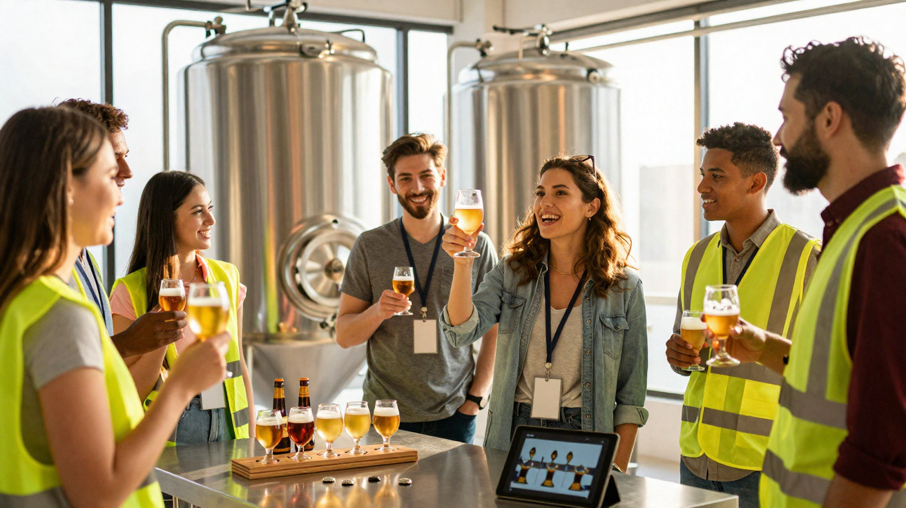 Grupo de pessoas em coletes refletivos a provar cervejas numa cervejaria artesanal.