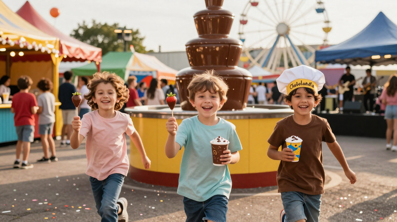 Três crianças a correr felizes com frutos e bebidas junto a uma fonte de chocolate num parque de diversões.