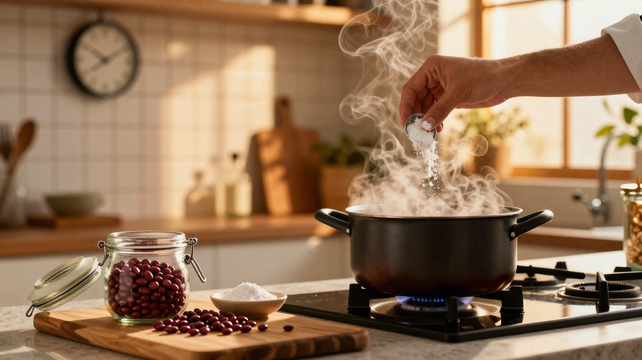 Mão temperando com sal panela a ferver num fogão, ao lado frasco e feijão vermelho sobre tábua de cozinha.