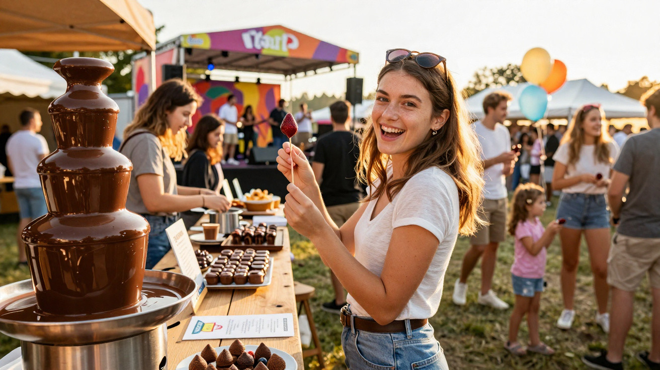 Jovem sorridente com espetada de fruta junto a fonte de chocolate e barraca em festival ao ar livre.