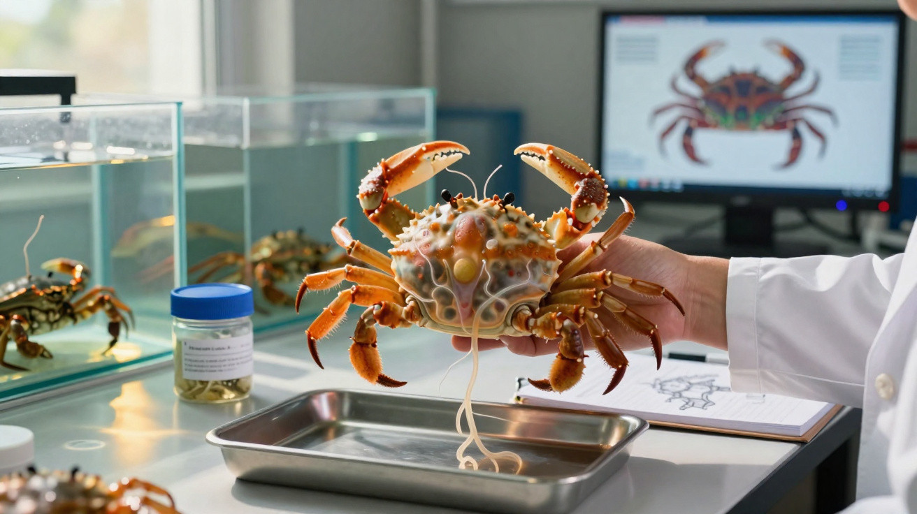 Mão de pessoa segura caranguejo com parasita ligado em laboratório com monitor e aquário ao fundo.