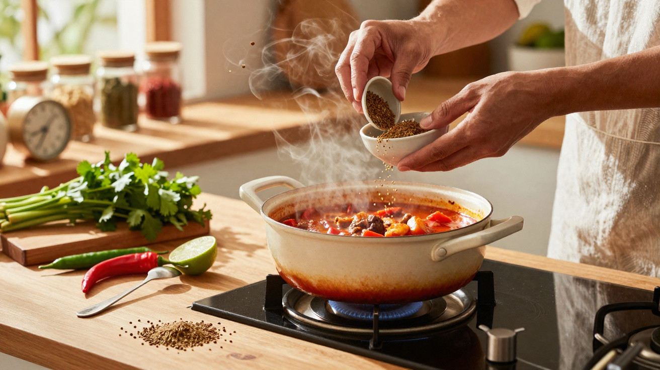 Pessoa adiciona especiarias a um guisado a ferver num tacho sobre fogão a gás numa cozinha luminosa.