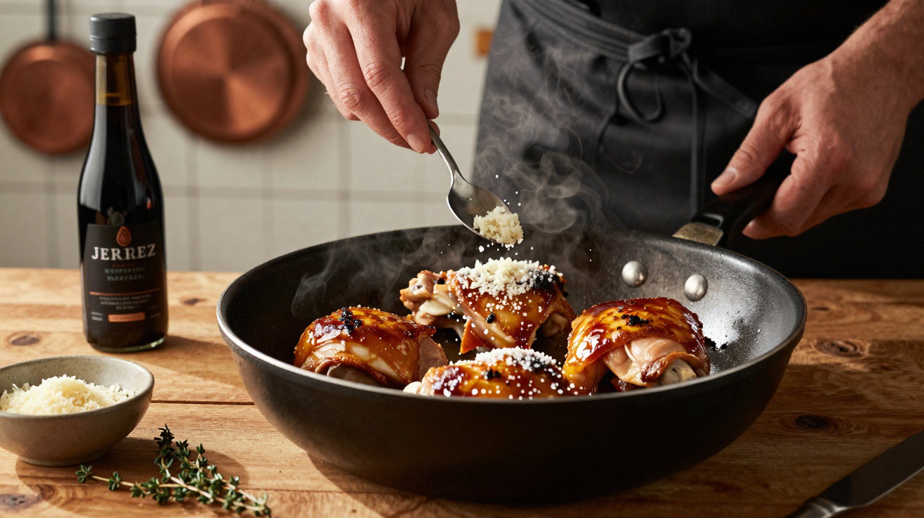 Pessoa polvilhando queijo ralado em pedaços de frango caramelizado numa frigideira preta na cozinha.