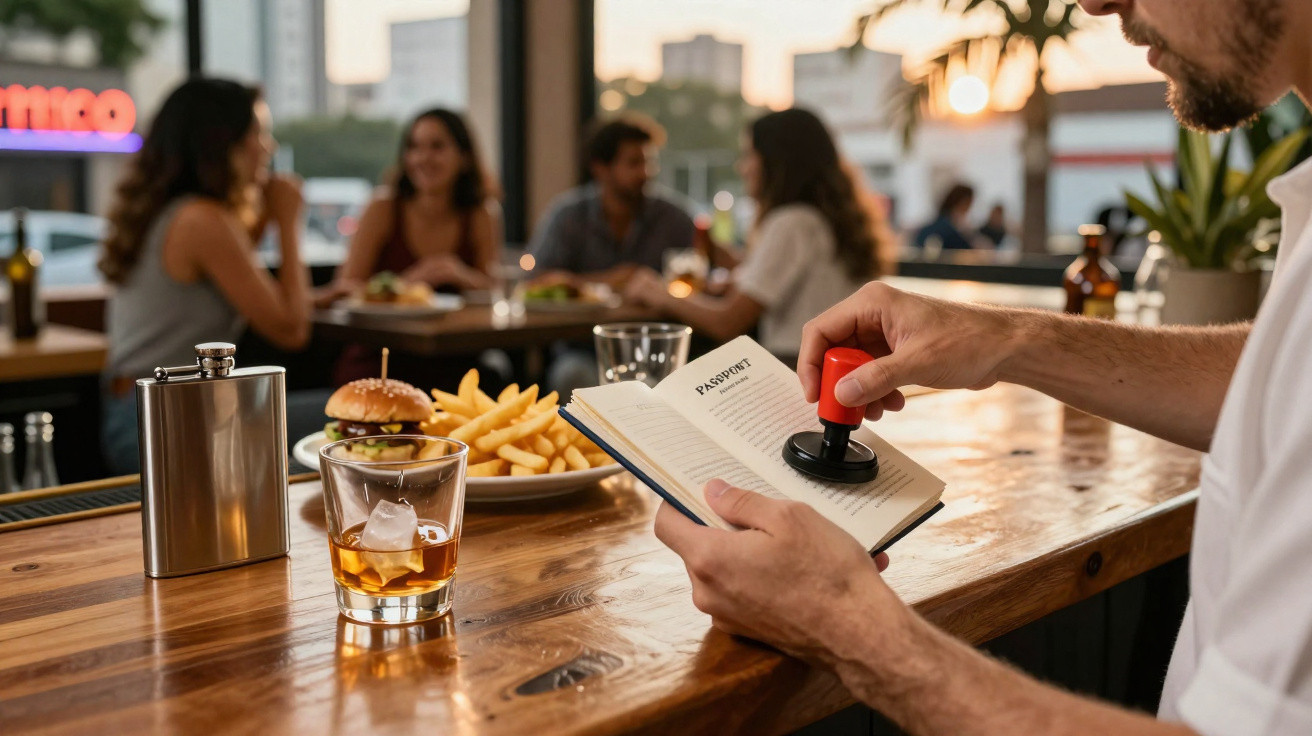 Pessoa a carimbar passaporte num restaurante com hambúrguer, batatas fritas e bebida sobre a mesa.