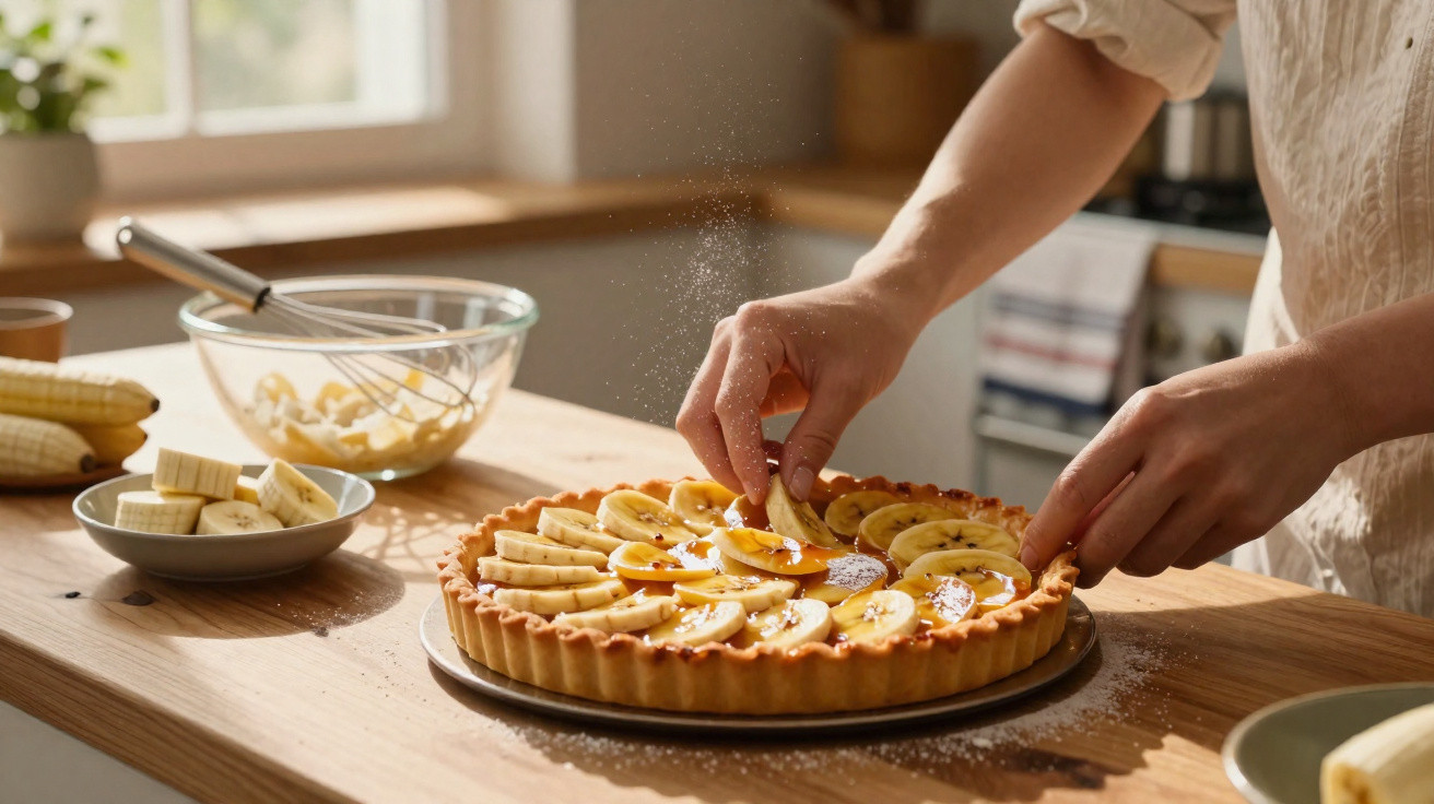 Pessoa a decorar tarte com fatias de banana numa cozinha iluminada pelo sol.