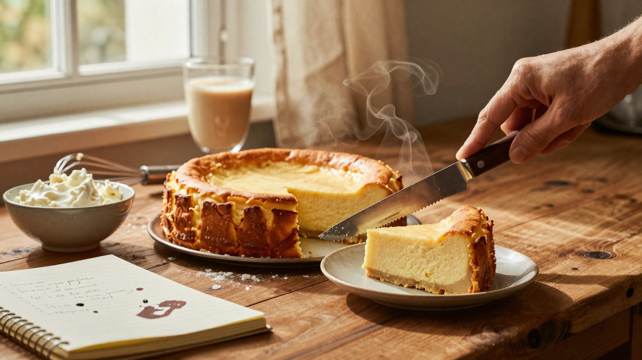 Fatias de cheesecake recém-cortadas com vapor, junto a uma chávena de café e um caderno numa mesa de madeira.