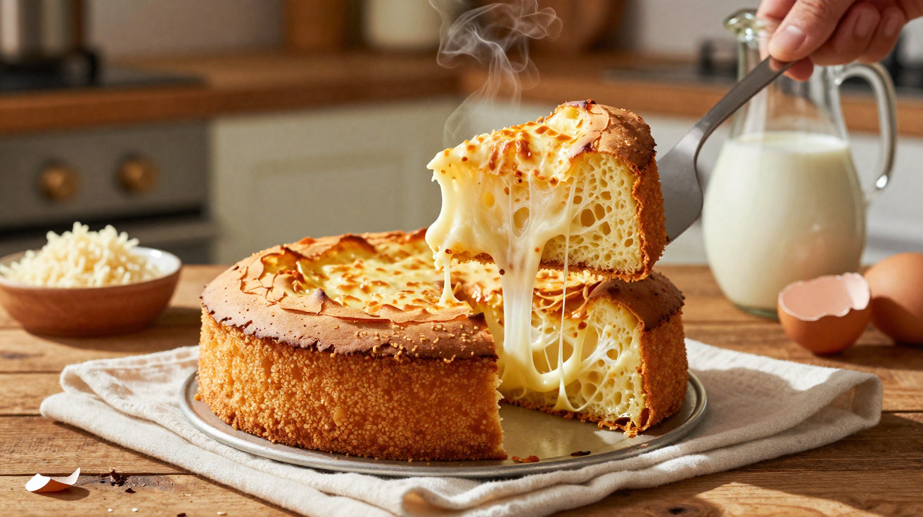 Bolo de queijo quente e fofo, com queijo derretido e fumegante a ser servido numa cozinha.