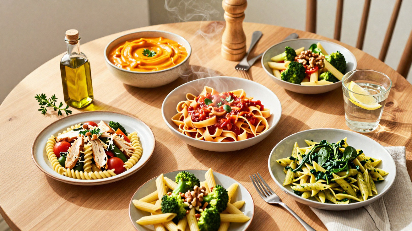 Mesa com várias taças de massa com legumes, sopa, azeite e um copo de água com limão.