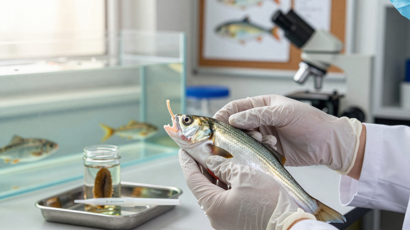 Mãos com luvas seguram peixe com verme na boca em laboratório com aquário e microscópio ao fundo.