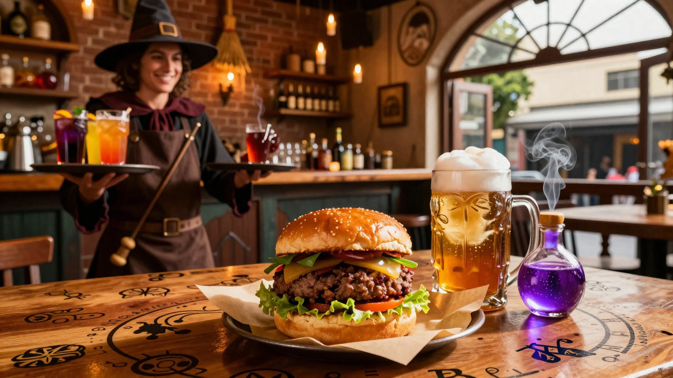 Hambúrguer, cerveja com espuma e frasco com líquido roxo, em mesa decorada, com empregada fantasiada de bruxa ao fundo.