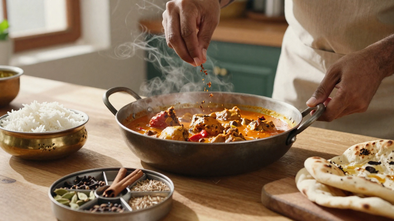 Pessoa a temperar caril fumegante numa frigideira com arroz, especiarias e pão naan numa mesa de madeira.