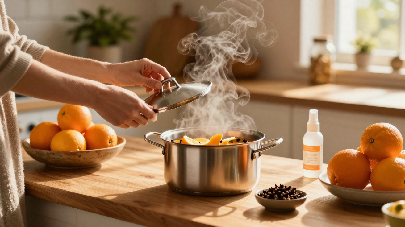 Mãos a levantar tampa de panela com fatias de laranja e vapor, em cozinha com frutos e especiarias.