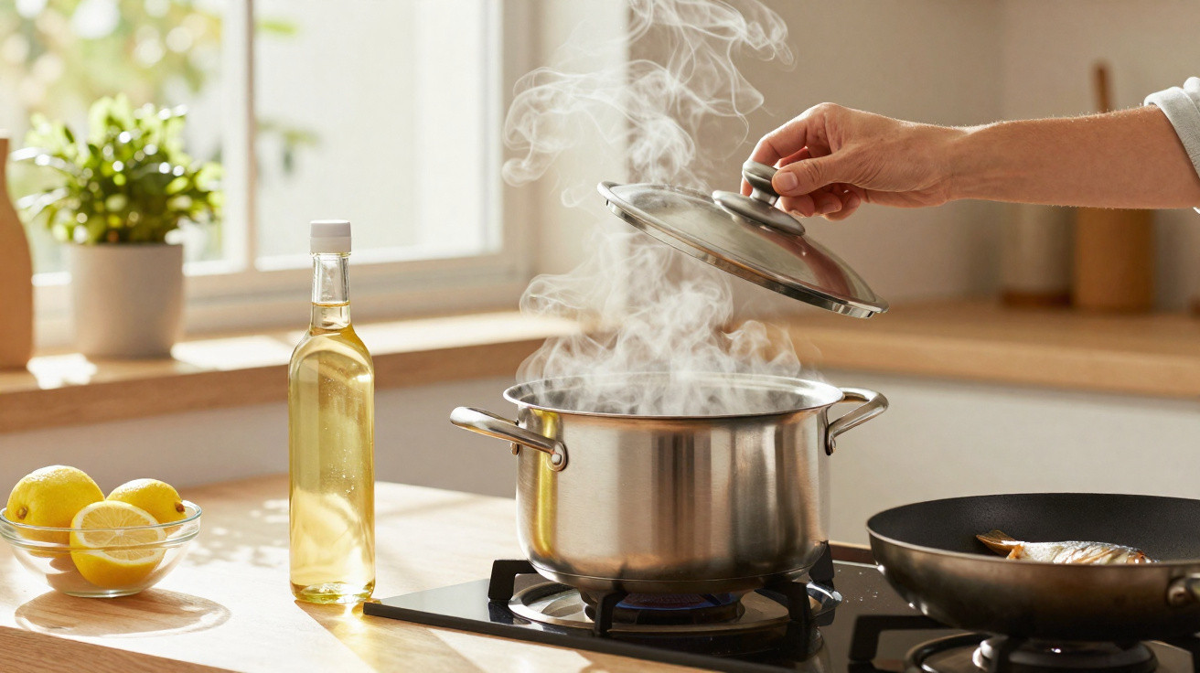 Mão a levantar tampa de panela a ferver com vapor na cozinha, ao lado de garrafa de azeite e limões.
