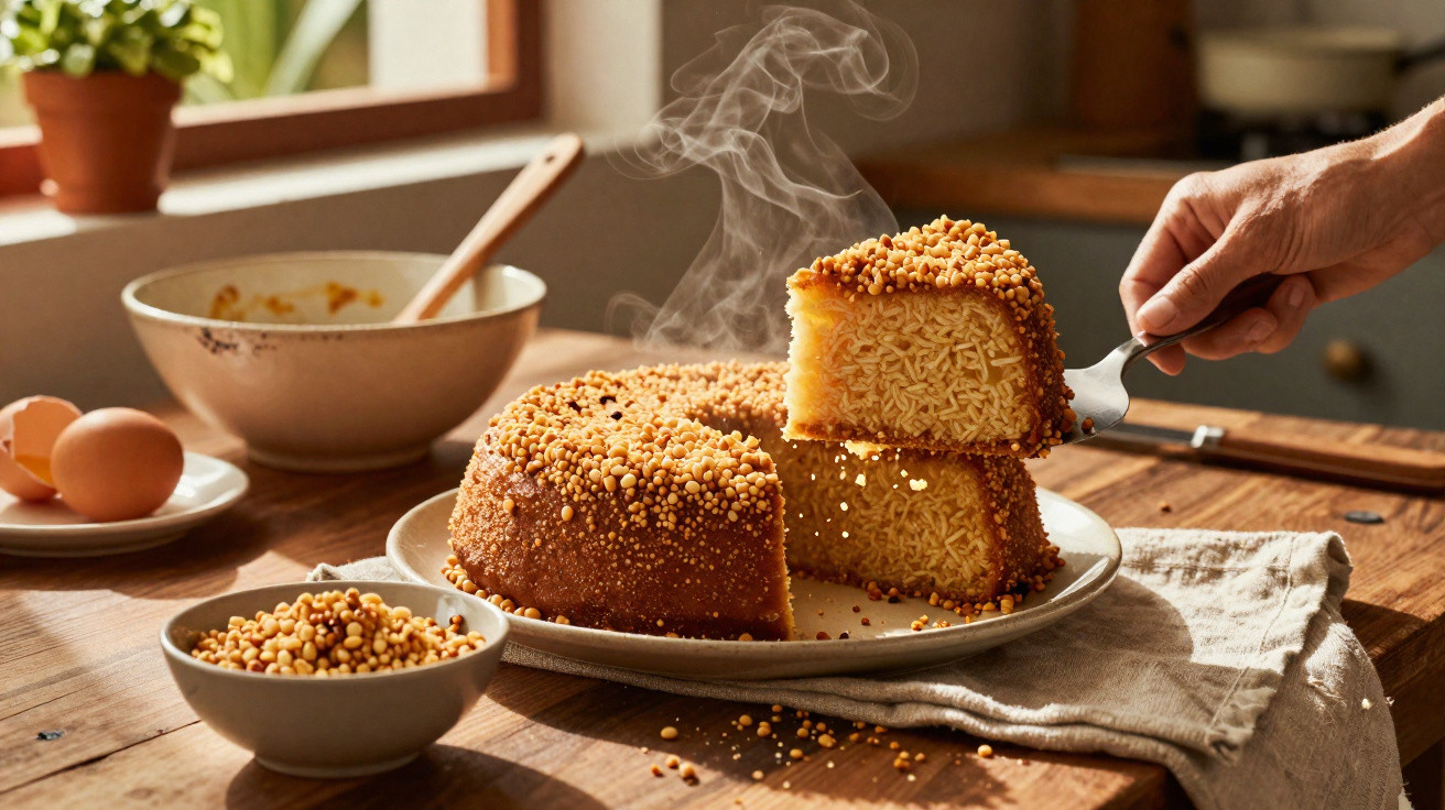 Bolo quente com cobertura crocante a ser servido numa cozinha rústica com luz natural.