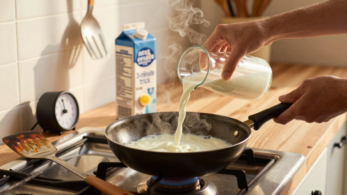 Mãos a verter leite quente de um copo para uma frigideira no fogão, com vapor visível.