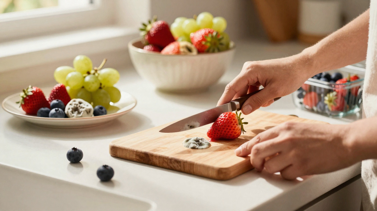 Pessoa a cortar morango num tabuleiro de madeira, com bagas e fruta fresca numa bancada clara.