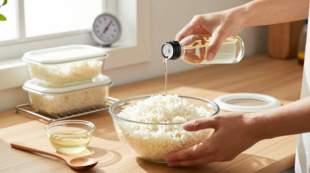 Pessoa a temperar arroz branco numa taça de vidro numa bancada de cozinha iluminada.