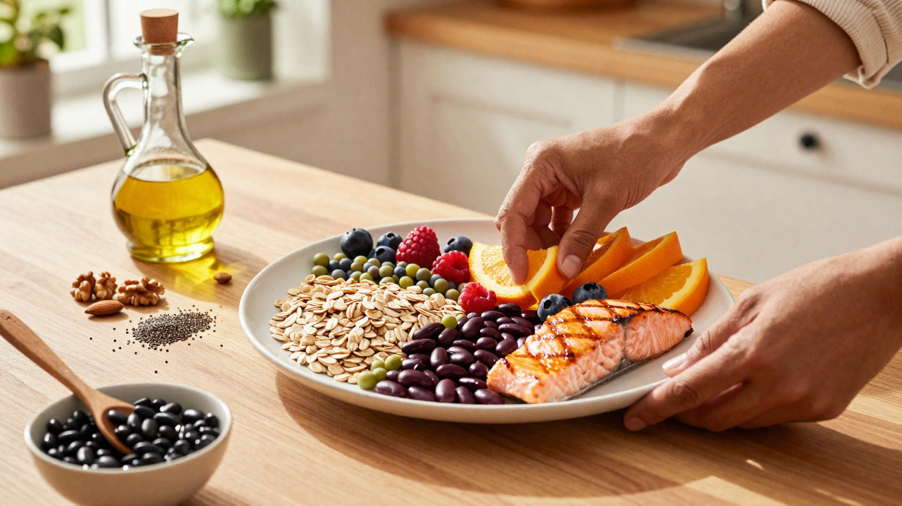 Prato com salmão grelhado, fatias de laranja, frutos vermelhos, flocos de aveia e legumes variados sobre mesa de madeira.