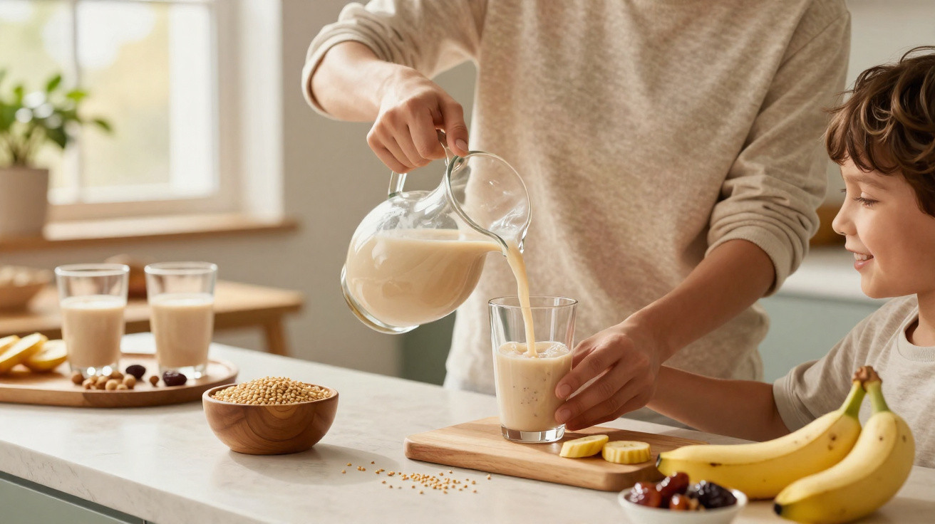 Pessoa a servir bebida vegetal num copo com criança sorridente numa cozinha luminosa.