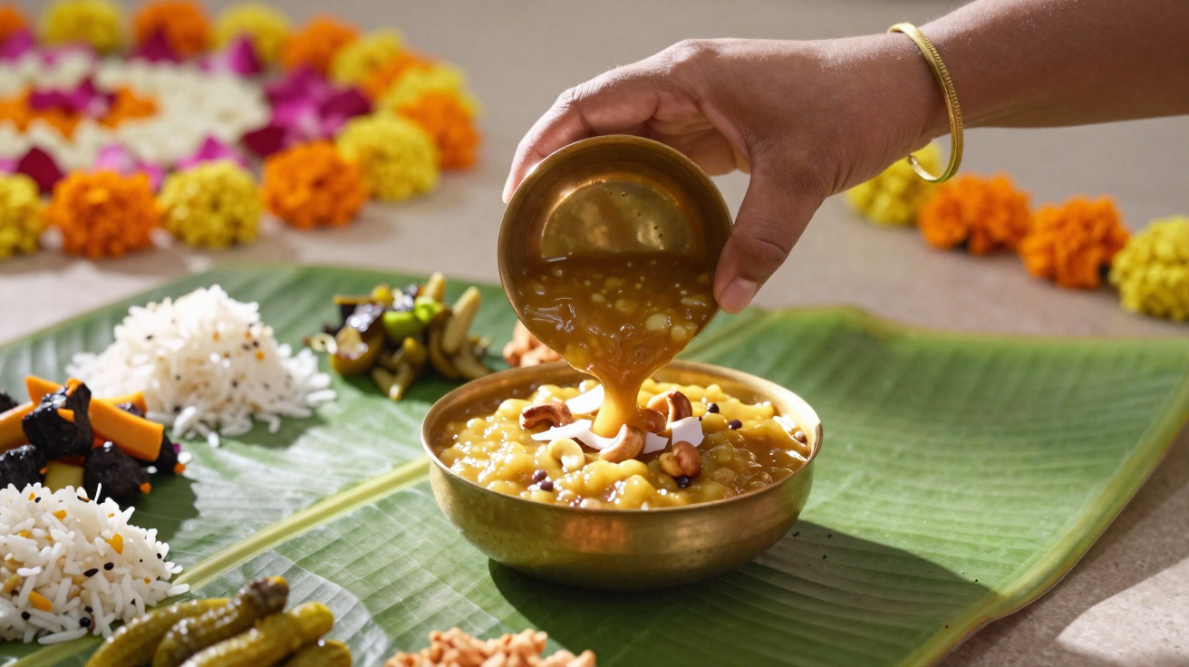 Mão a servir molho num prato dourado com comida tradicional indiana sobre folha de bananeira.