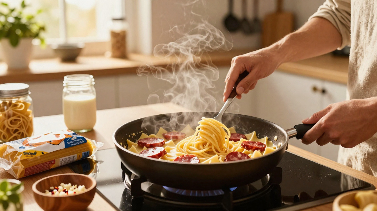 Pessoa a cozinhar massa com chouriço numa frigideira com vapor a sair na cozinha.