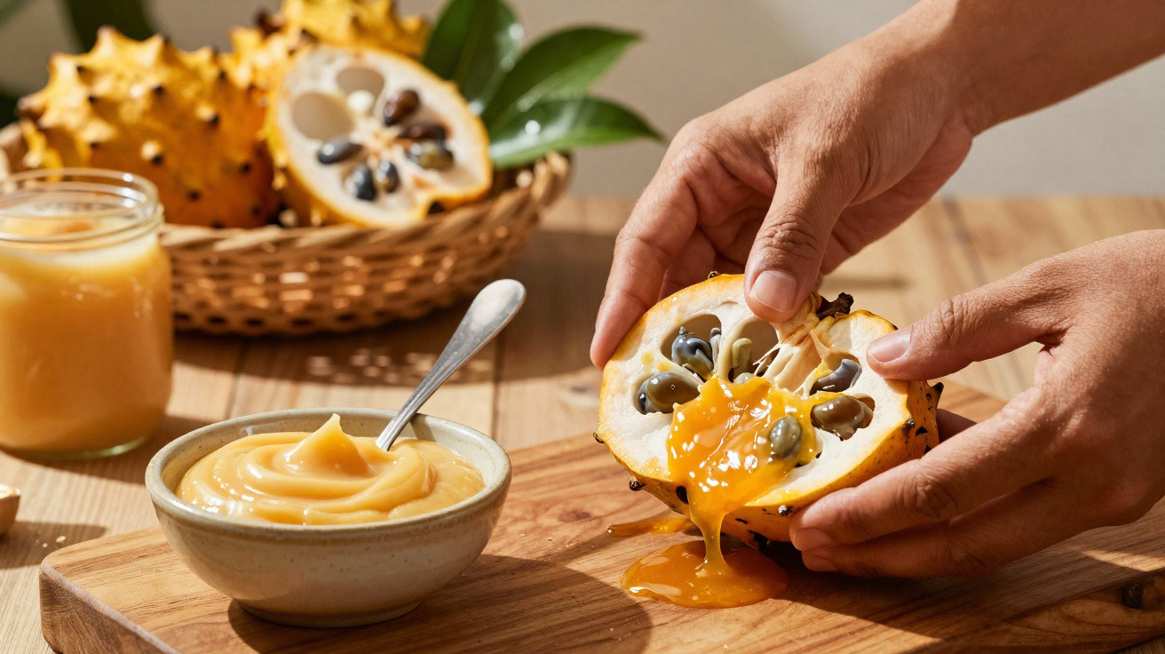 Mãos a abrir kiwano maduro com polpa laranja e sementes, ao lado de taça e frasco com creme amarelo.