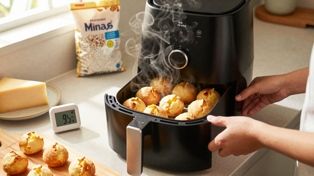 Pessoa a retirar pão de queijo quente de uma fritadeira sem óleo preta na cozinha.