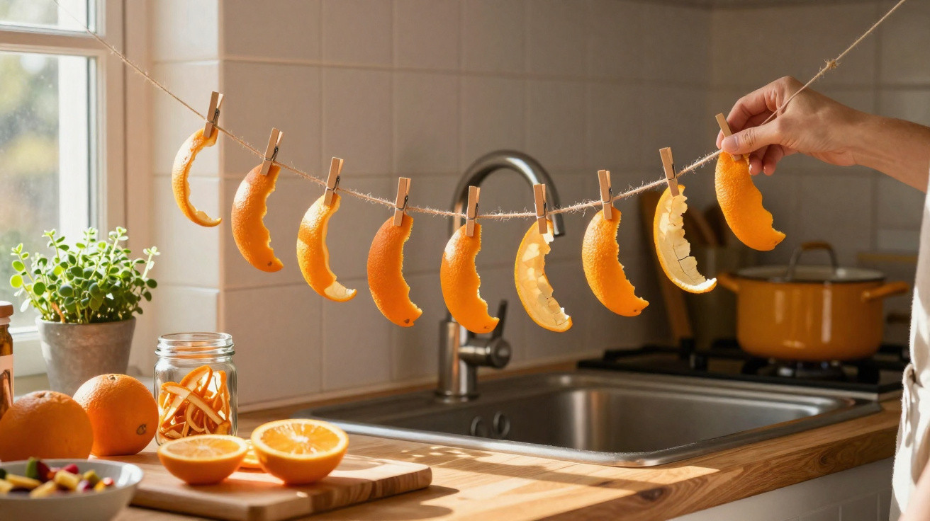 Casca de laranja pendurada com molas num fio numa cozinha iluminada ao lado de frutas e utensílios.
