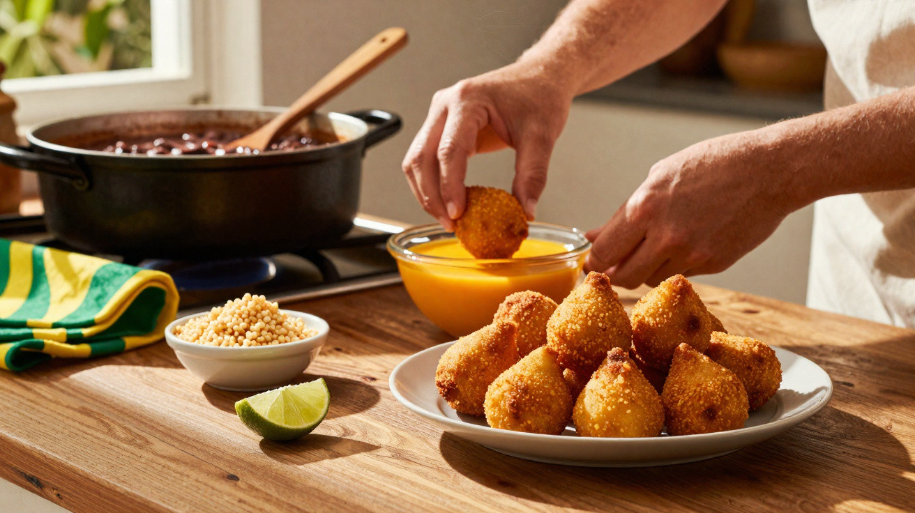 Pessoa a mergulhar coxinhas em molho amarelo, com tacho de feijão e limão numa mesa de madeira.