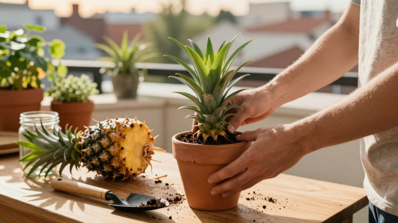 Pessoa a transplantar coroa de ananás para vaso de barro numa varanda com plantas ao fundo.