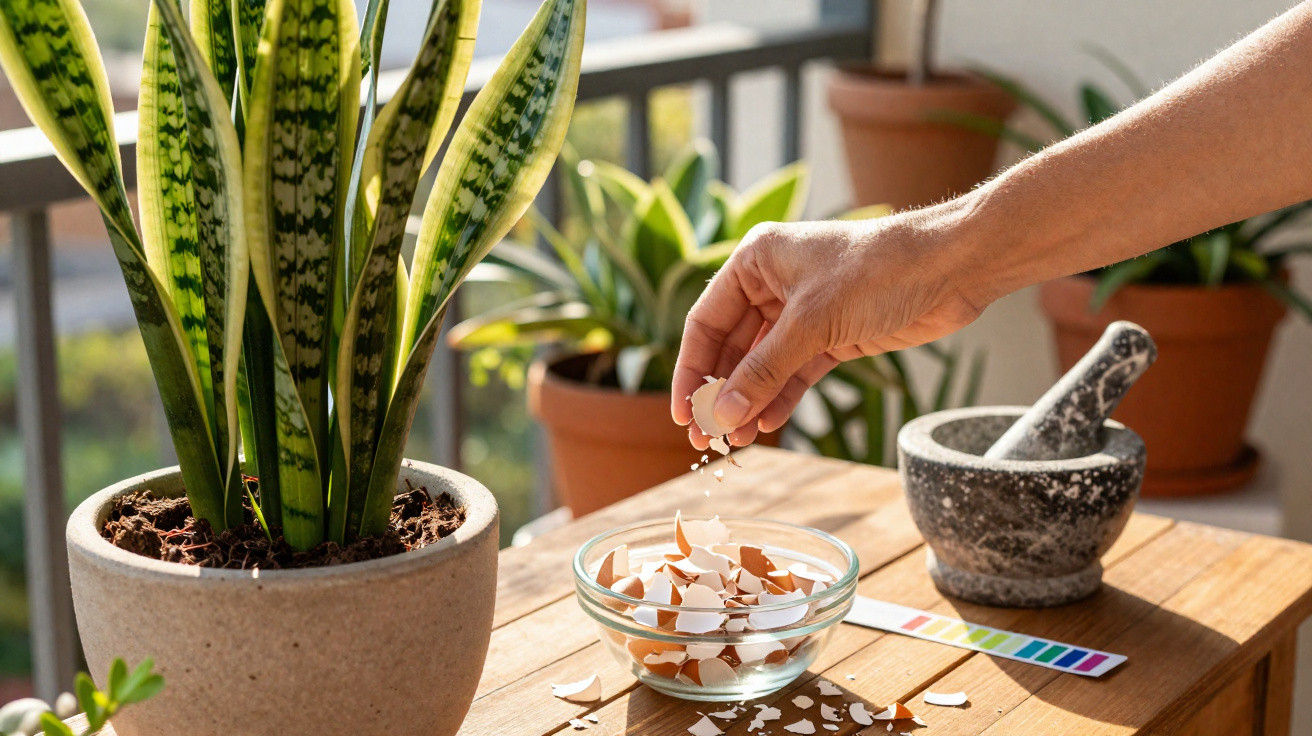 Mão a desmagnetizar cascas de ovo numa taça para adubo perto de vasos e um almofariz num terraço ensolarado.