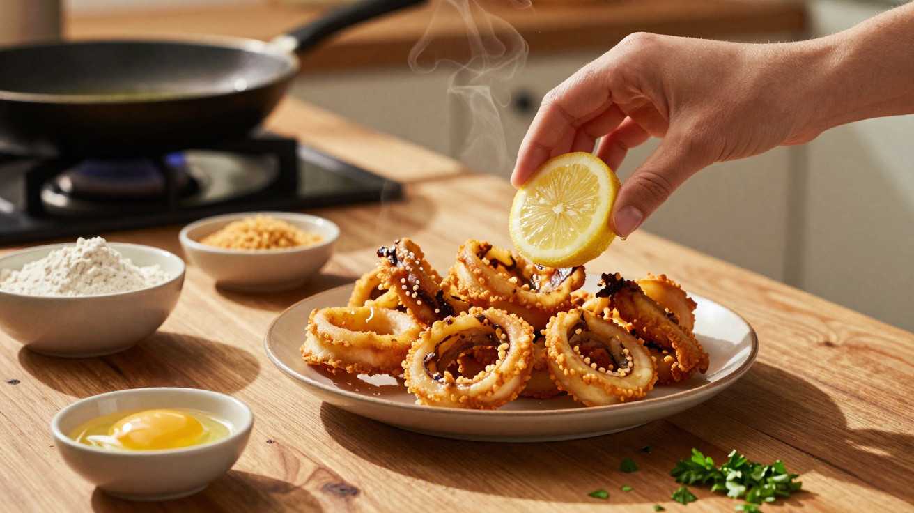 Mão a espremer limão sobre lulas fritas em prato, com ingredientes e frigideira ao fundo numa cozinha.