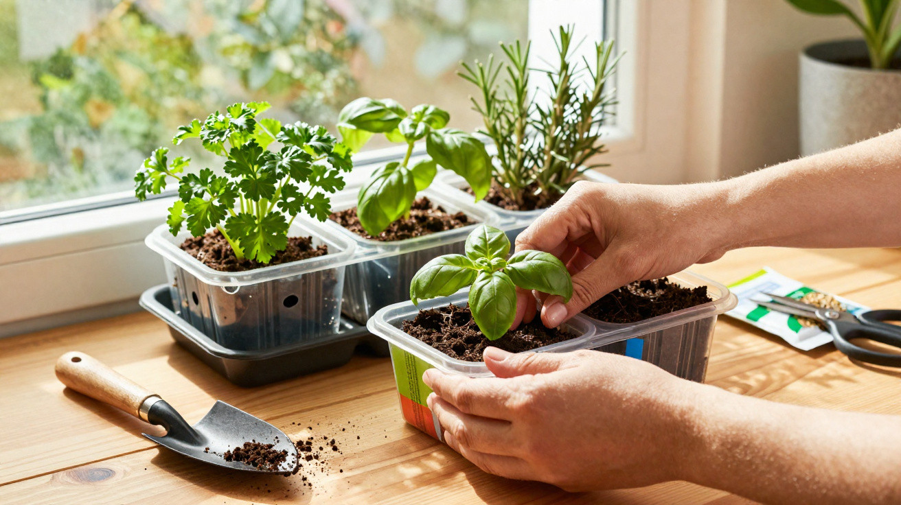 Mãos a cuidar de plantas aromáticas em recipientes de cultivo junto a uma janela, com uma pá de jardinagem ao lado.